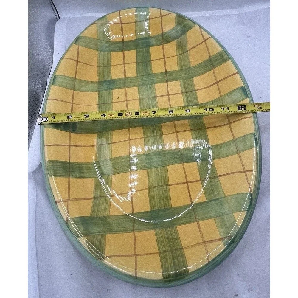 Vintage Alcobaca Portugal Hand Painted Oval Serving Platter Yellow Green 18.5”